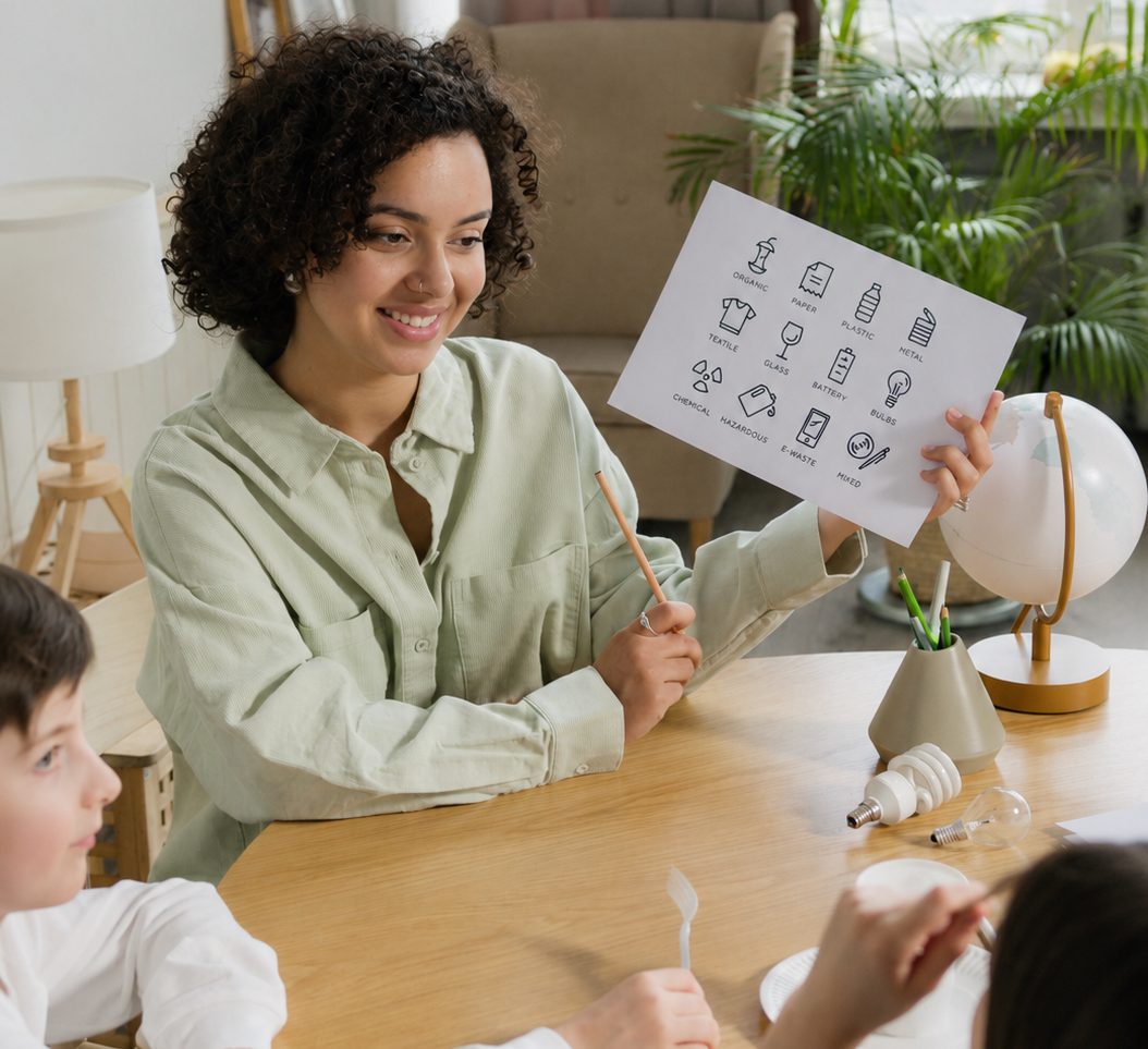 Therapist using visual communication cards while teaching children during an ABA therapy session focused on functional communication. Smiling woman teacher shows kids a sheet with recycling icons during a waste-sorting lesson in a bright room.